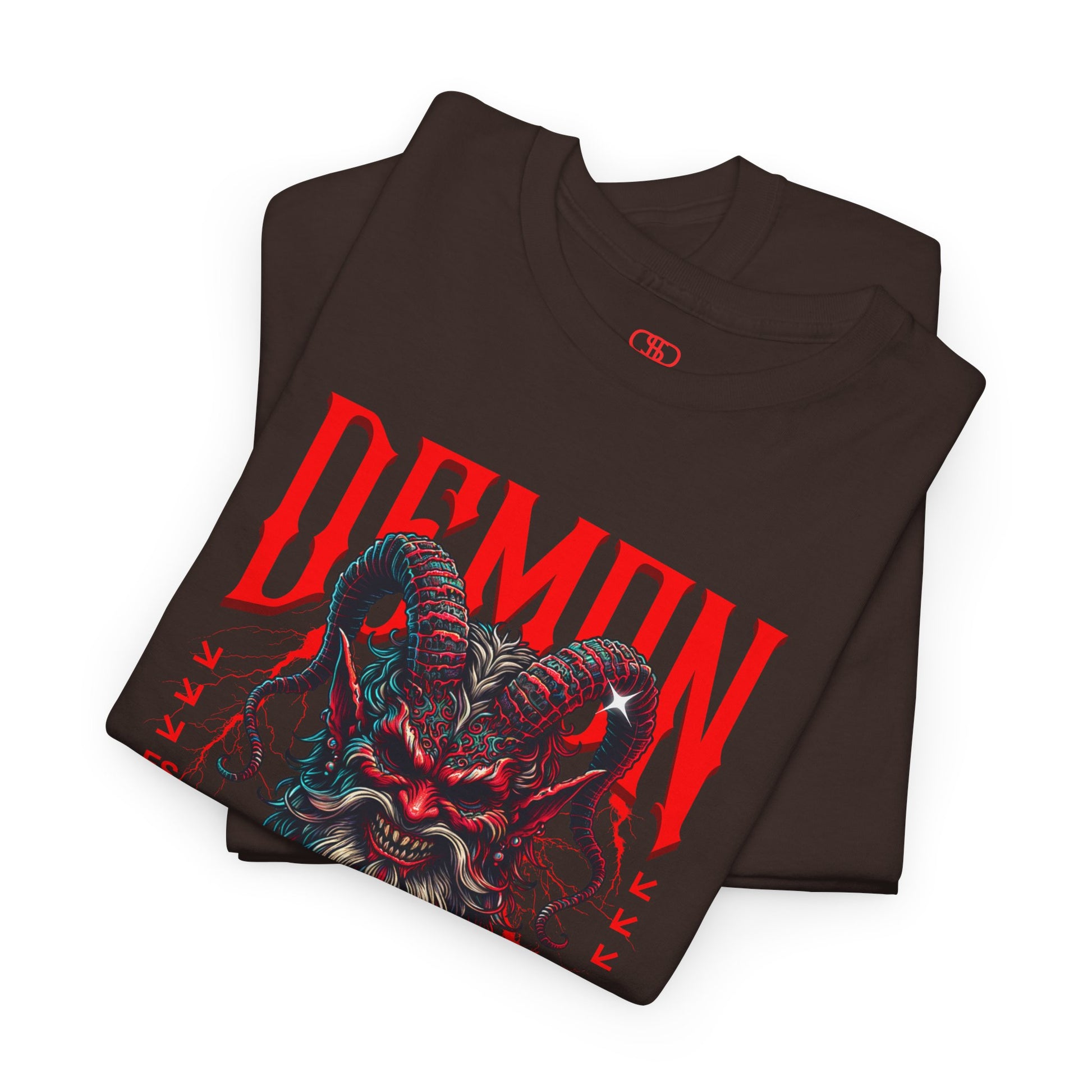 A folded dark brown t-shirt featuring a Red horned demon head with "Demon Wrath" text and lightning, gothic horror t-shirt design