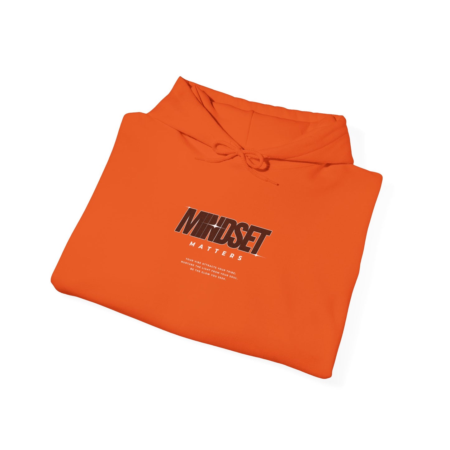 A folded orange hoodie "Mindset Matters" text with stars on hoodie, with an inspirational quote below.