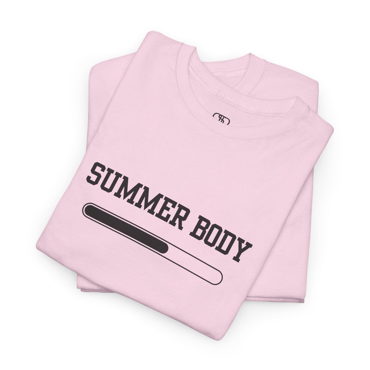 A LIGHT PINK t-shirt with a loading bar and “Summer Body” on the front and “I left my summer body at home I prefer not to show off” on the back.