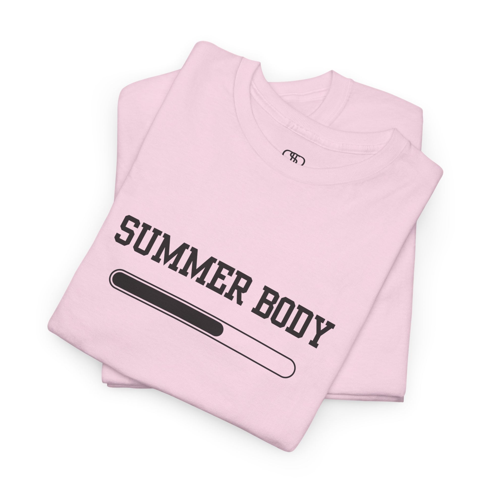 A LIGHT PINK t-shirt with a loading bar and “Summer Body” on the front and “I left my summer body at home I prefer not to show off” on the back.