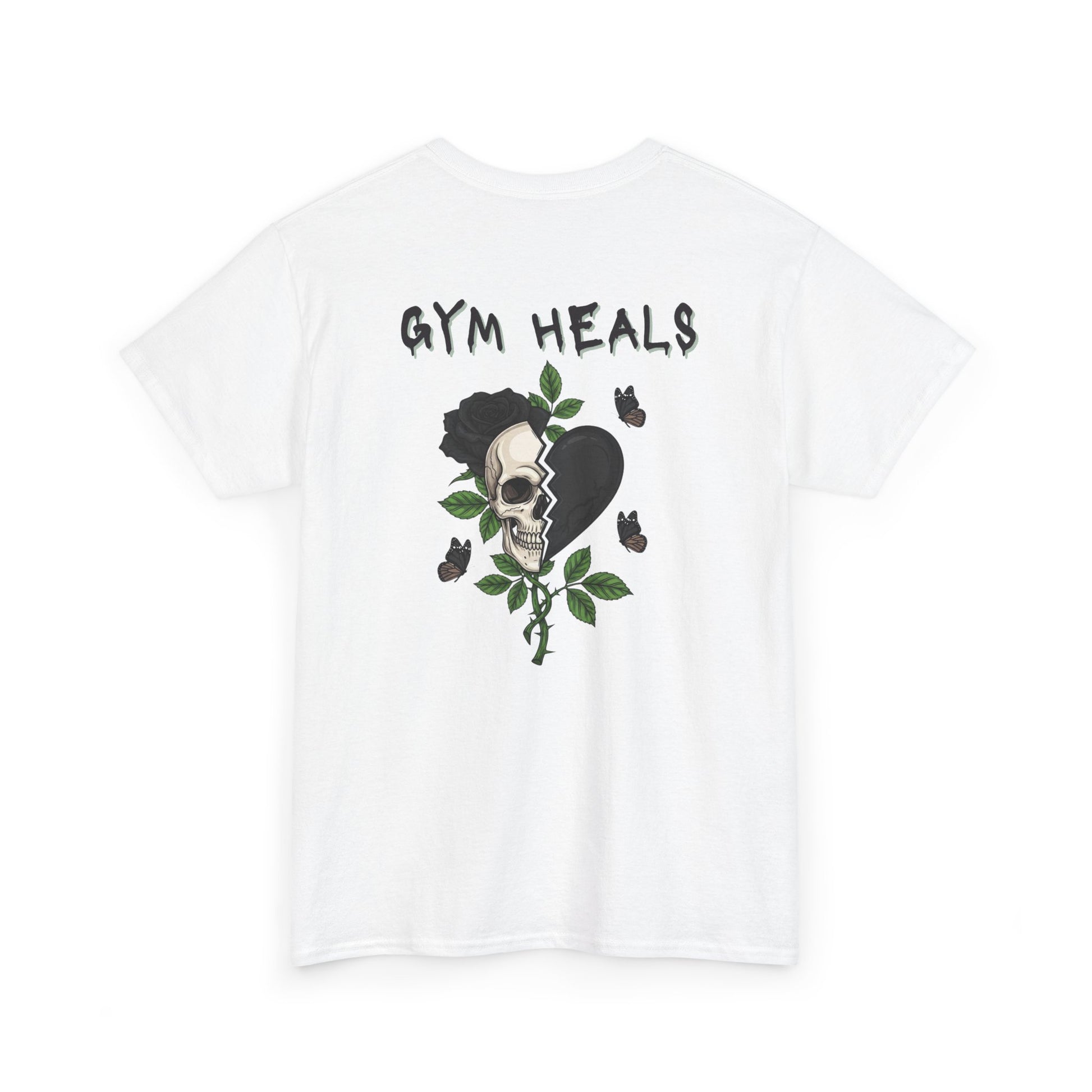 A white t-shirt with a front design of a half skull, half broken heart, and a rose. The back reads "Gym Heals" in black.