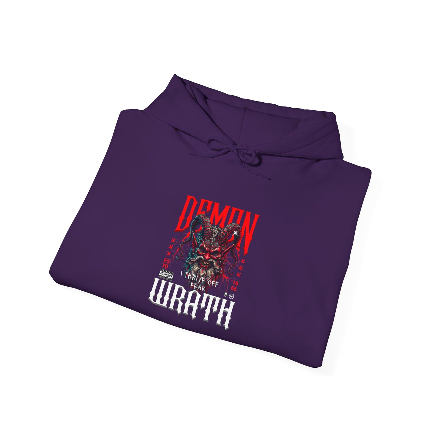 A folded purple hoodie featuring a Red horned demon head with "Demon Wrath" text and lightning, gothic horror apparel design.