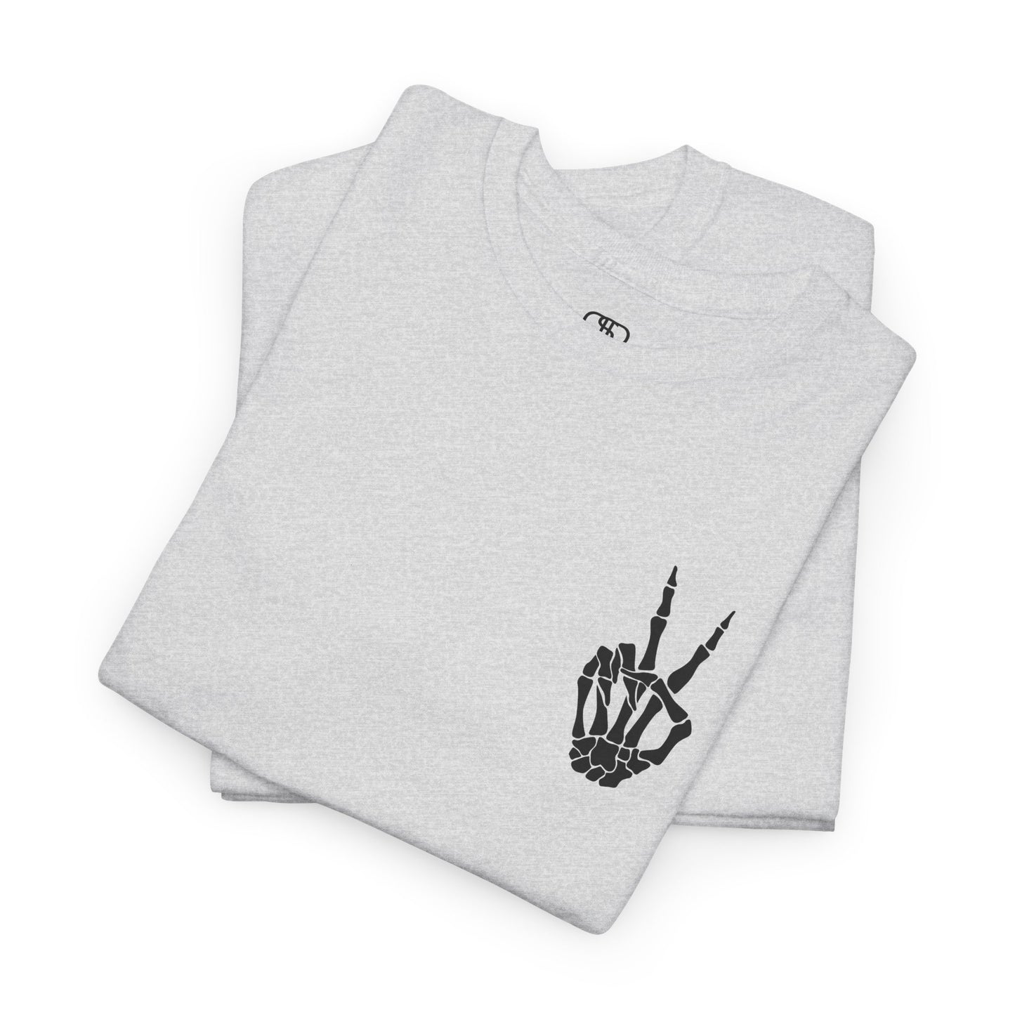 A [folded ash gray] t-shirt with a skeletal peace sign on the front and the phrase “Have the day you deserve” with a large skeletal peace sign on the back.