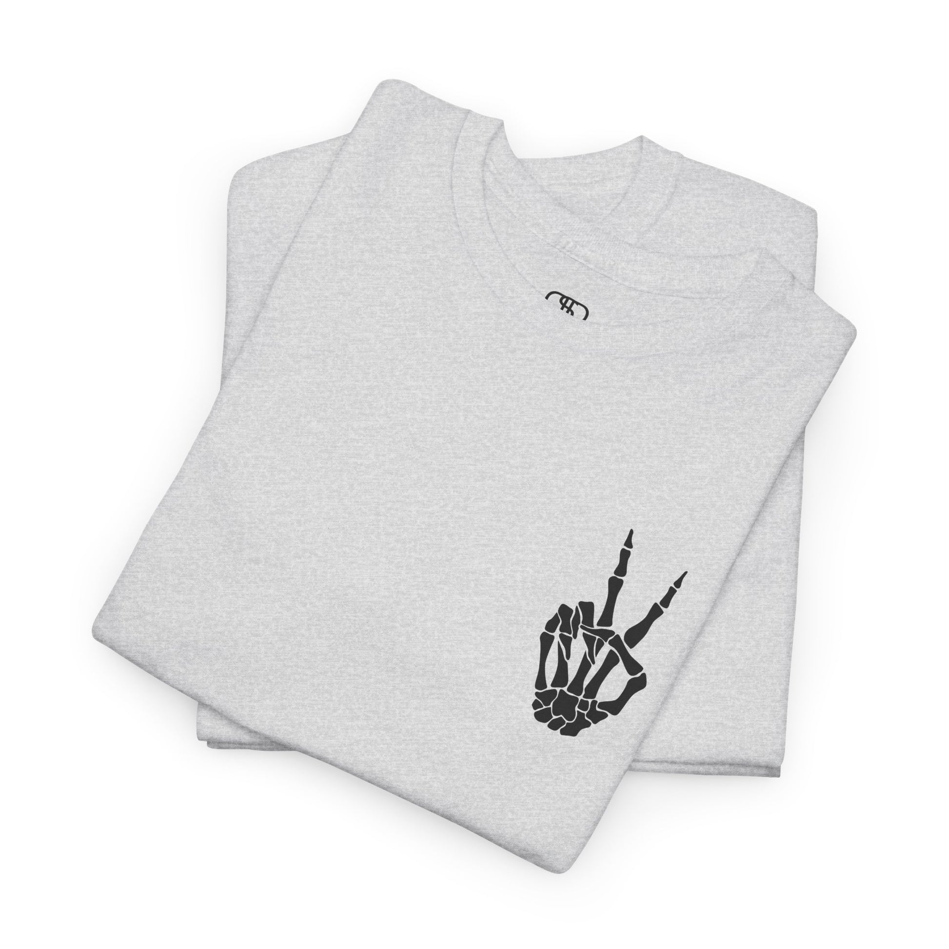 A [folded ash gray] t-shirt with a skeletal peace sign on the front and the phrase “Have the day you deserve” with a large skeletal peace sign on the back.