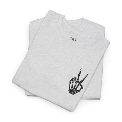 A [folded ash gray] t-shirt with a skeletal peace sign on the front and the phrase “Have the day you deserve” with a large skeletal peace sign on the back.