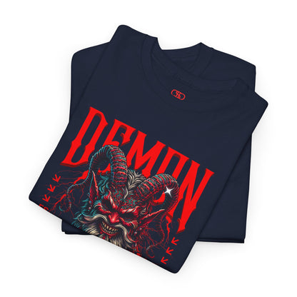 A folded navy Blue t-shirt featuring a Red horned demon head with "Demon Wrath" text and lightning, gothic horror t-shirt design