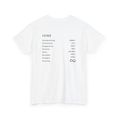 The back of a white t-shirt which features the traits of a father, Hardworking, Protective, Supportive, Patient, Wise, Reliable, Humble and Snoring. 