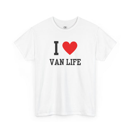 White t-shirt with 'I ❤️ VAN LIFE' text on a white background