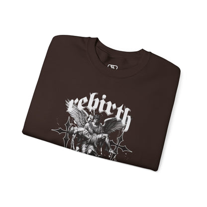 A folded dark brown Sweater featuring an Angel carrying a figure with "Rebirth" text, white and black gothic spiritual art apparel.