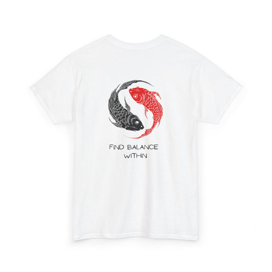 Back of a t-shirt showing two swimming koi fish in red and black, arranged in a harmonious circle above the words "find balance within."