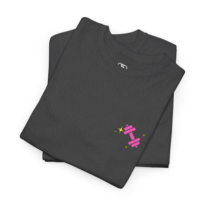 A folded heather gray t-shirt with a pink dumbbell on the front and the phrase “I work out because punching people is frowned Upon” in a retro font on the back.