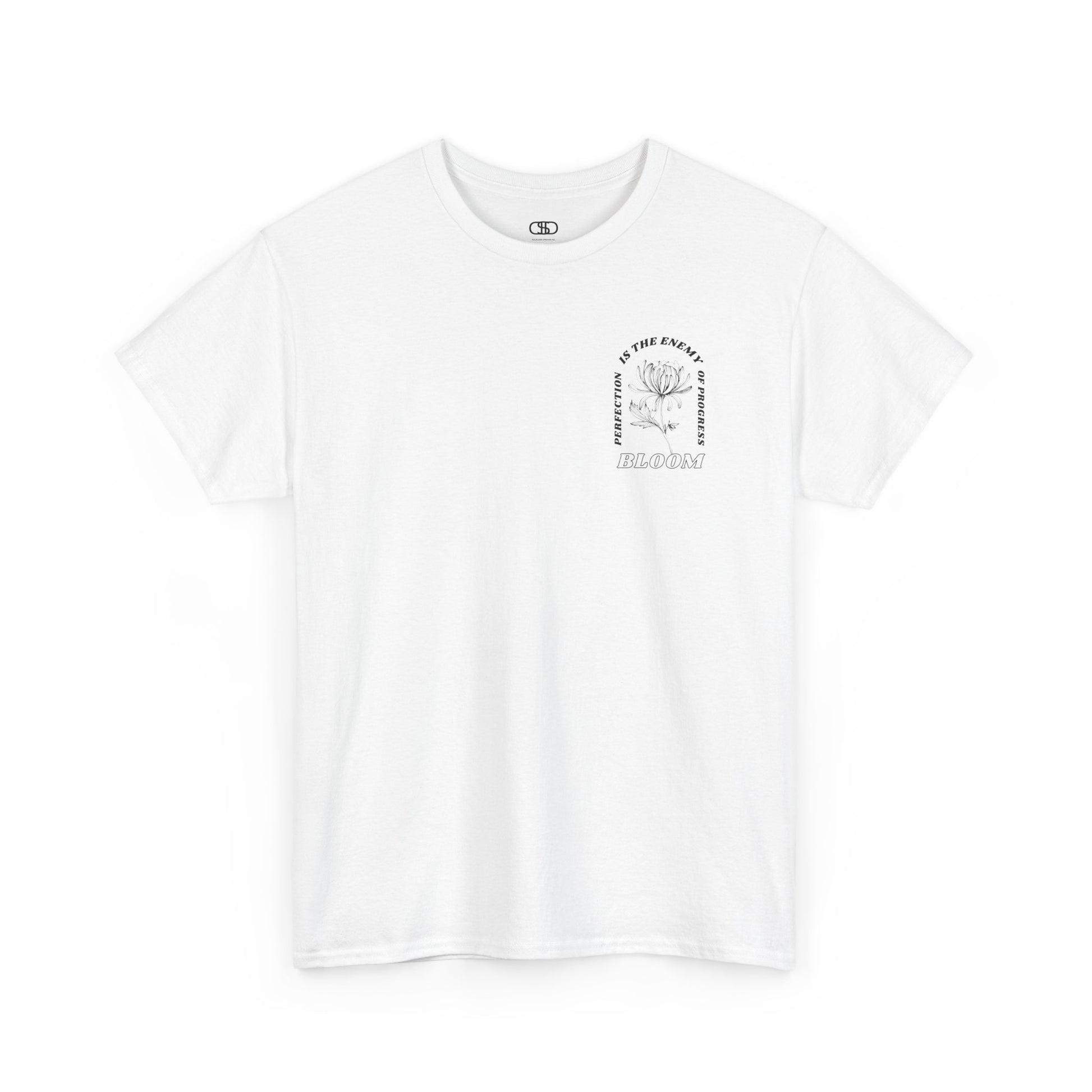A [white] t-shirt with a central flower design and the words “Perfection is the enemy of progress” and “Bloom” underneath it the phrase "Consistent effort breeds greatness," featured on the back of the t-shirt.