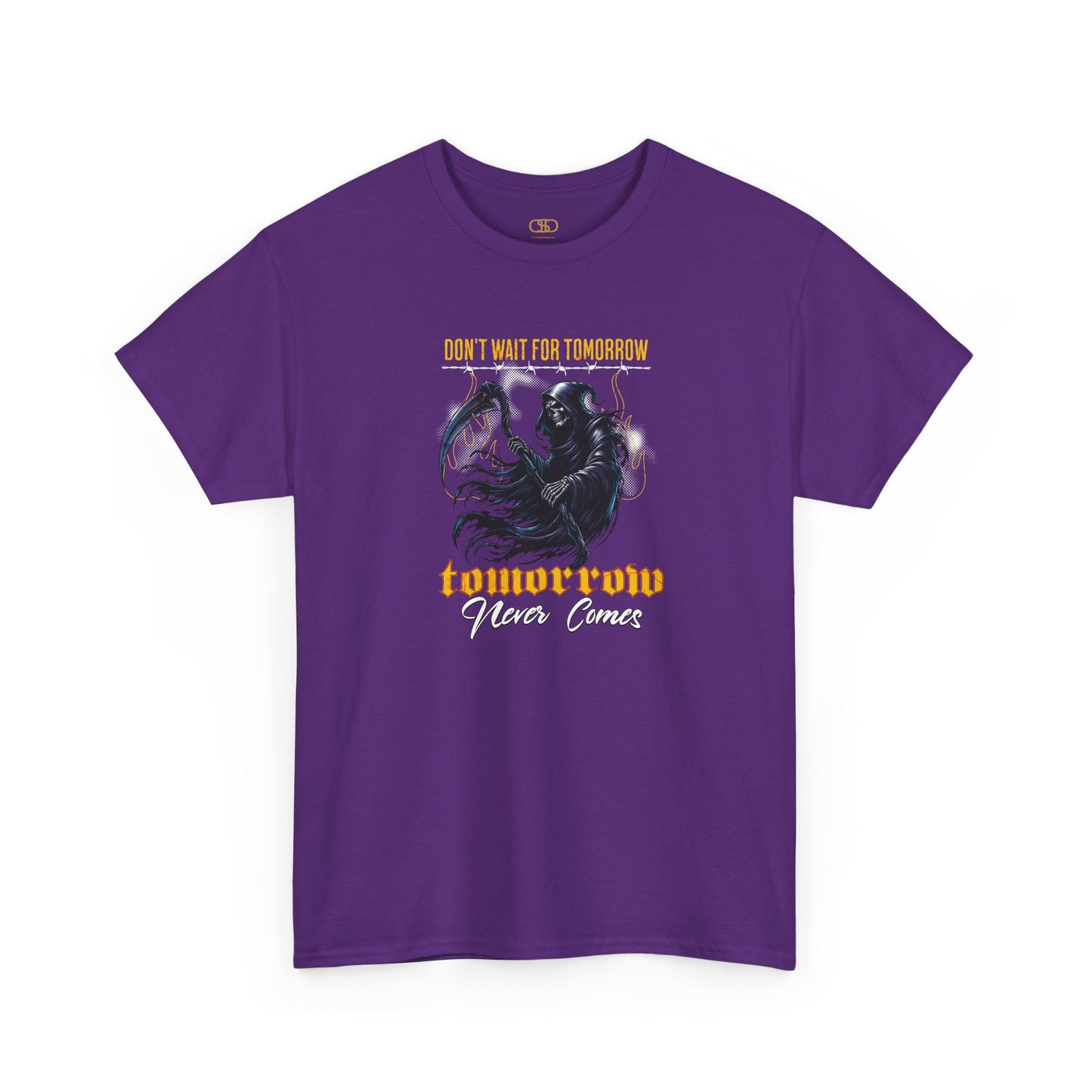 A purple t-shirt featuring a Grim Reaper holding scythe with "Don't Wait For Tomorrow Tomorrow Never Comes" text, dark gothic t-shirt design.