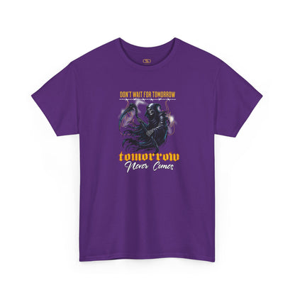 A purple t-shirt featuring a Grim Reaper holding scythe with "Don't Wait For Tomorrow Tomorrow Never Comes" text, dark gothic t-shirt design.