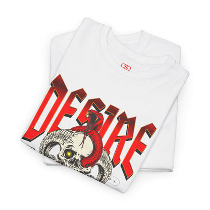 A folded white t-shirt featuring a Horned skull with glowing eye and red snake wrapped around it, "Desire Death's Touch" text, gothic t-shirt design.