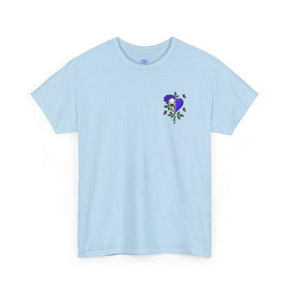 A light blue t-shirt with a front design of a half skull, half broken purple heart, and a rose. The back reads "Gym Heals" along with a similar design found on the front.