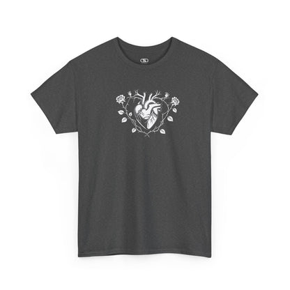 A dark heather t-shirt with a heart surrounded by thorn vines, red roses, and green leaves graphic.