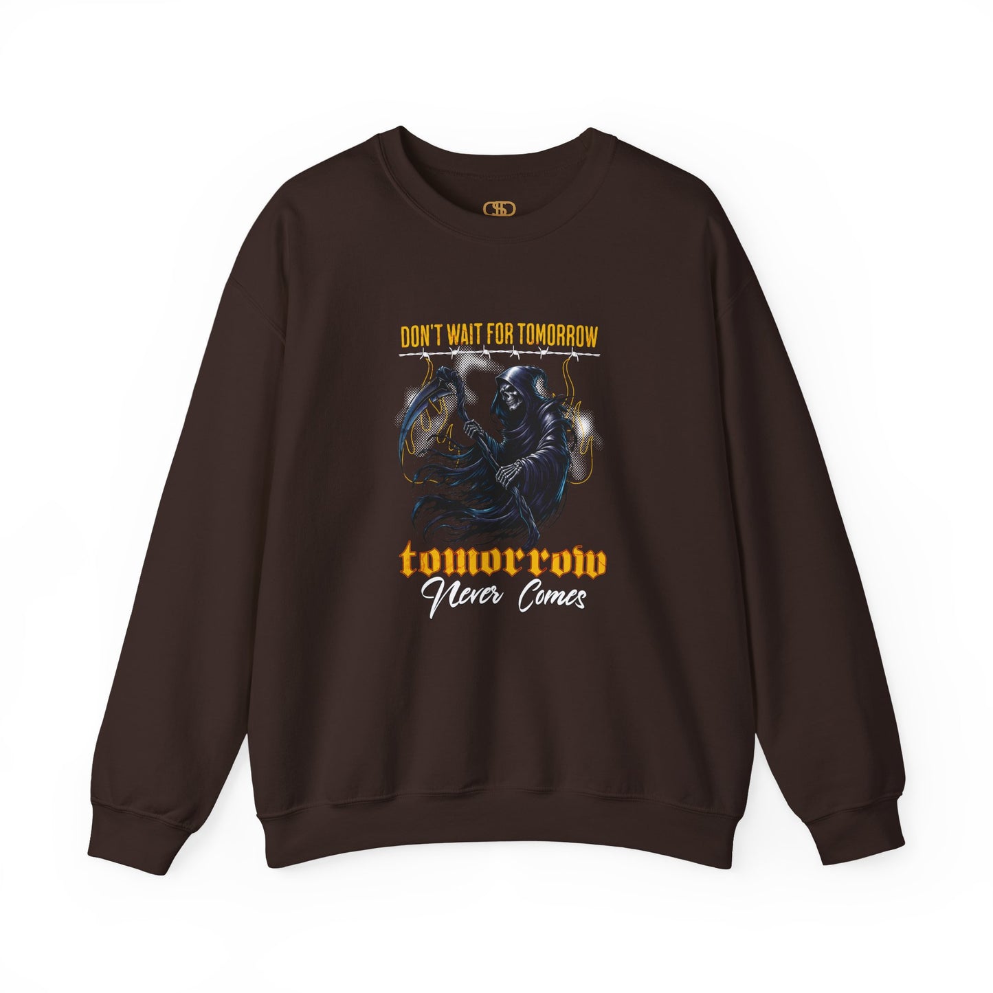 A dark brown sweatshirt featuring a Grim Reaper holding scythe with "Don't Wait For Tomorrow Tomorrow Never Comes" text, dark gothic sweatshirt design.