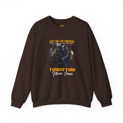 A dark brown sweatshirt featuring a Grim Reaper holding scythe with "Don't Wait For Tomorrow Tomorrow Never Comes" text, dark gothic sweatshirt design.