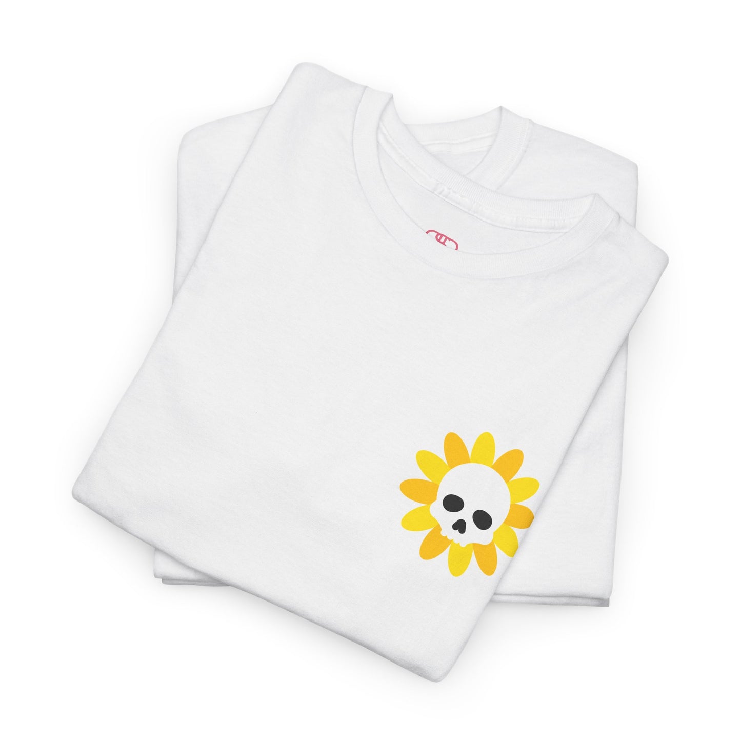  A [folded white] t-shirt featuring a sunflower with a skull at its center on the front and the words “i COULD DEADLIFT YOU” in a retro font on the back.