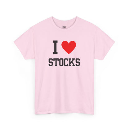 A light pink t-shirt displaying the text "I," a red heart graphic symbolizing love, and the word "Stocks" in a classic, bold typeface.