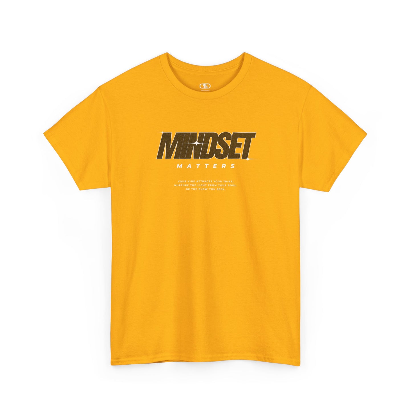 A Gold T-shirt featuring text stating "Mindset Matters" text with stars on a t-shirt, inspirational quote below.