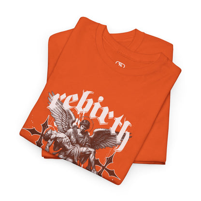A folded orange T-shirt featuring a Angel carrying a figure with "Rebirth" text, white and black gothic spiritual art t-shirt.
