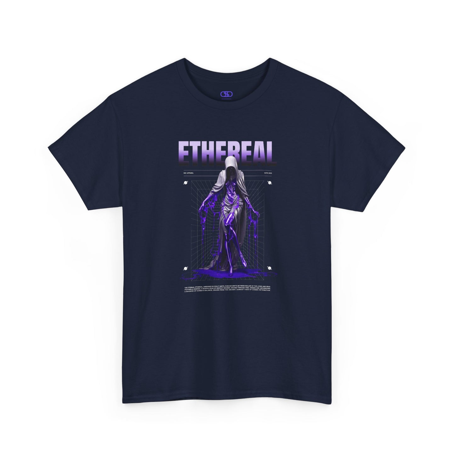 A navy blue t-shirt with a glowing purple ethereal ghostly figure in a robe, surrounded by mystic violet liquid and "Ethereal" text.