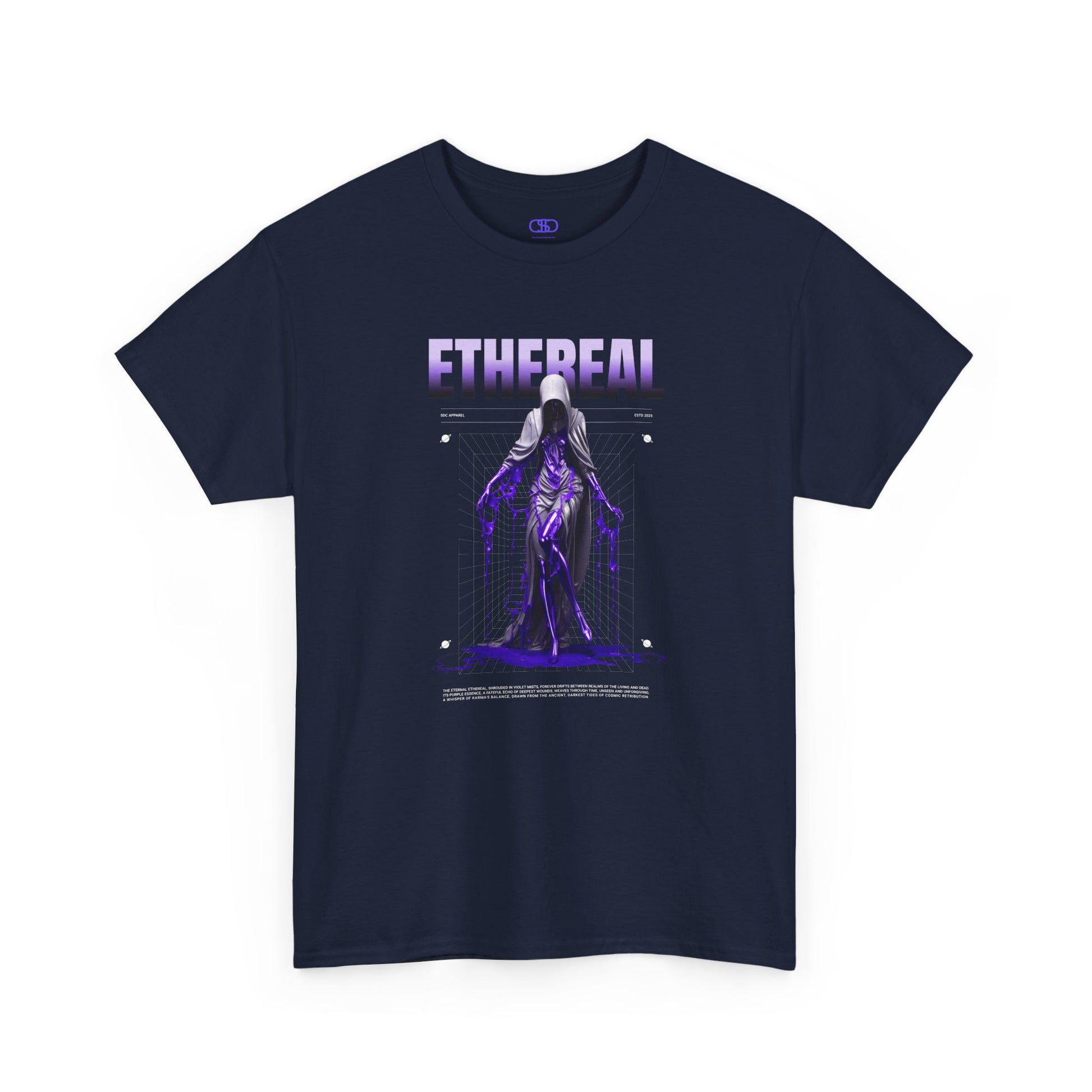 A navy blue t-shirt with a glowing purple ethereal ghostly figure in a robe, surrounded by mystic violet liquid and "Ethereal" text.