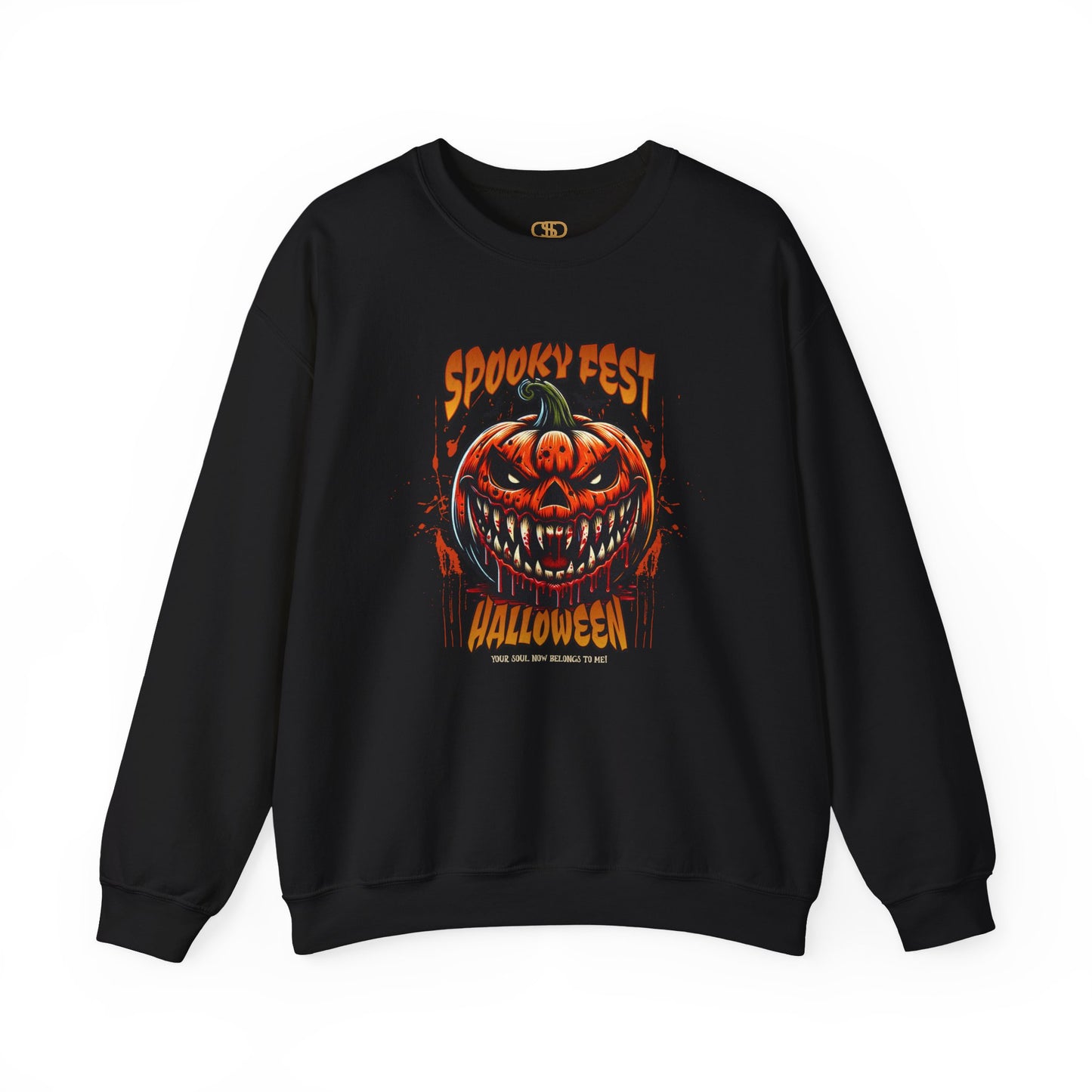 A black sweater featuring a Scary fanged jack-o'-lantern with "Spooky Fest Halloween Your Soul Now Belongs To Me!" text, orange and black horror sweatshirt.