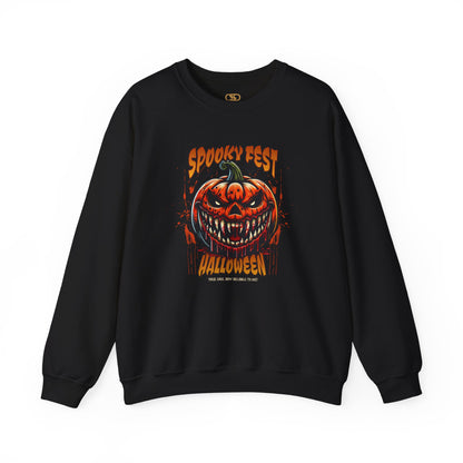 A black sweater featuring a Scary fanged jack-o'-lantern with "Spooky Fest Halloween Your Soul Now Belongs To Me!" text, orange and black horror sweatshirt.