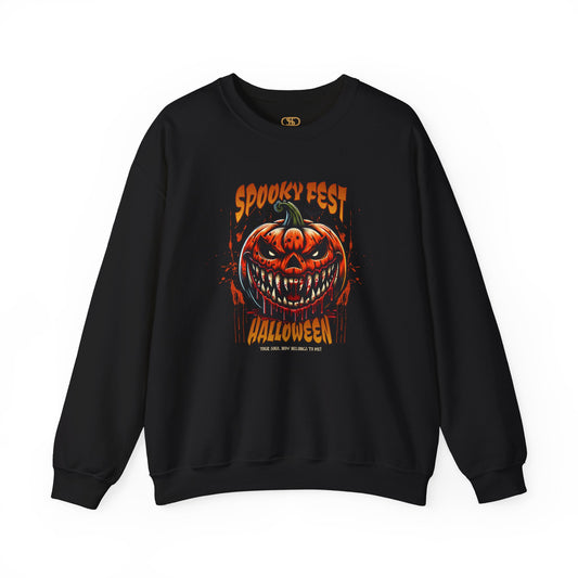 A black sweater featuring a Scary fanged jack-o'-lantern with "Spooky Fest Halloween Your Soul Now Belongs To Me!" text, orange and black horror sweatshirt.