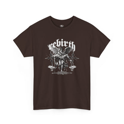 A dark brown T-shirt featuring a Angel carrying a figure with "Rebirth" text, white and black gothic spiritual art t-shirt.
