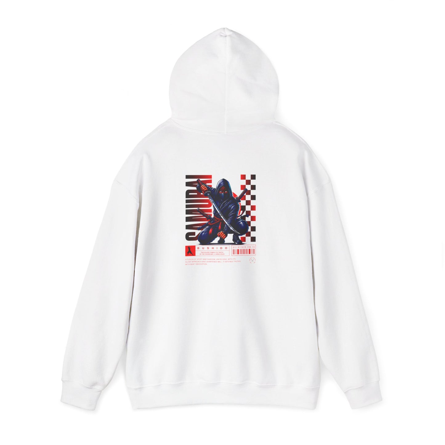 A white hoodie featuring a Crouching ninja with two katanas and "Bushido" text, red and black Japanese-inspired hoodie design.