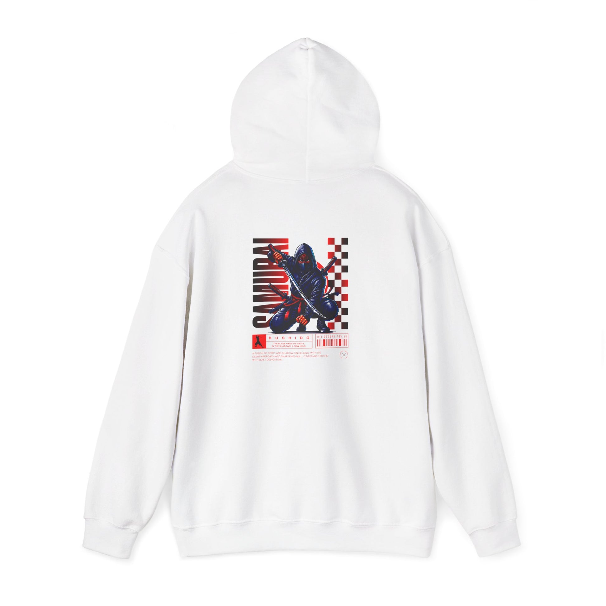 A white hoodie featuring a Crouching ninja with two katanas and "Bushido" text, red and black Japanese-inspired hoodie design.