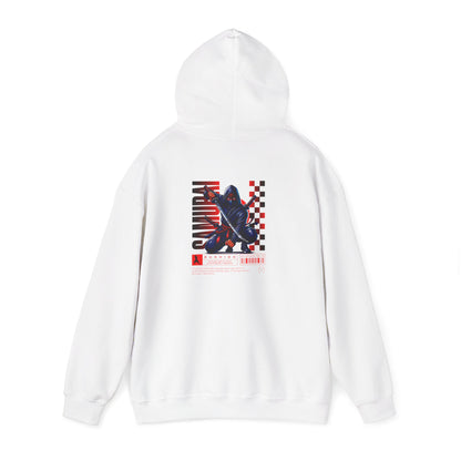 A white hoodie featuring a Crouching ninja with two katanas and "Bushido" text, red and black Japanese-inspired hoodie design.