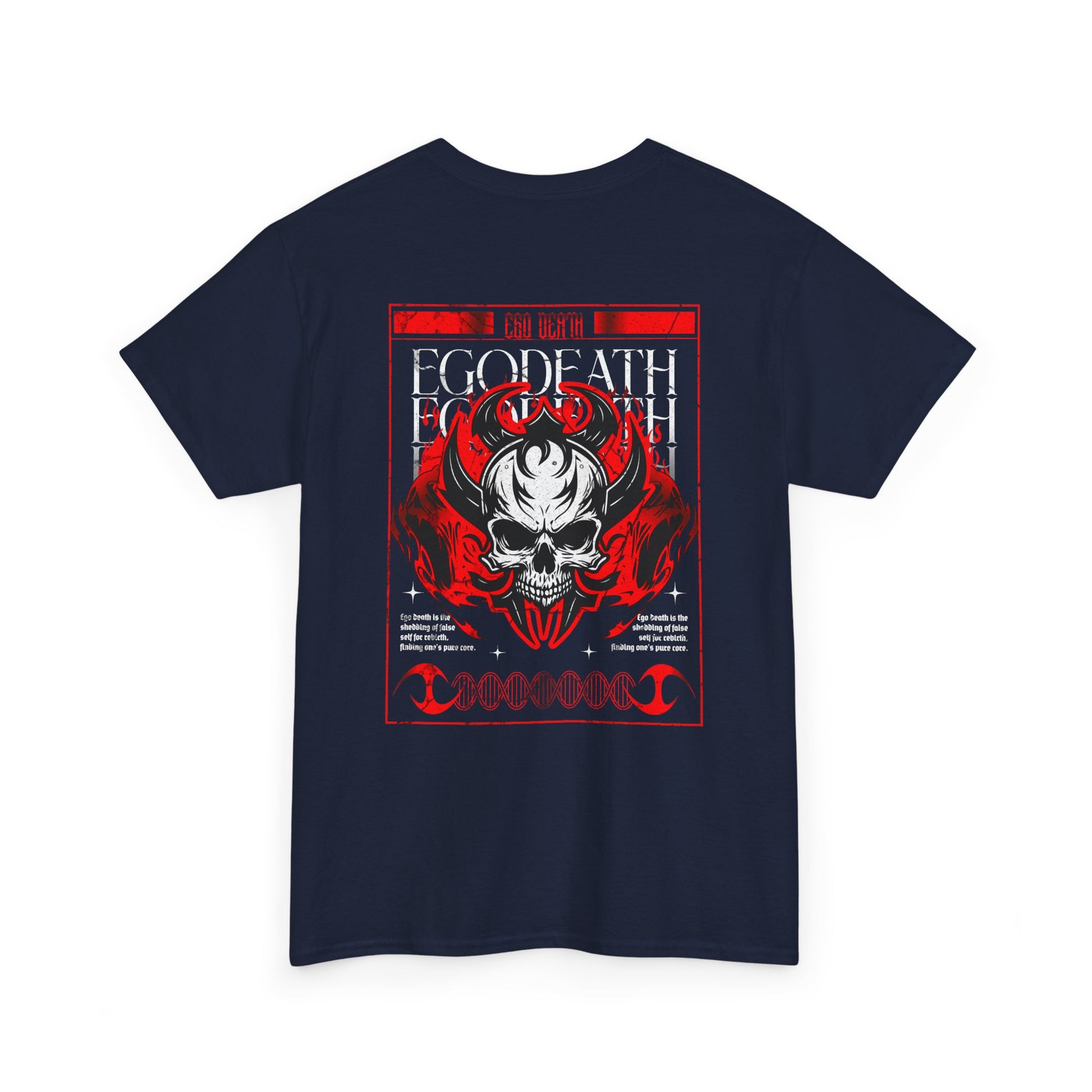 A Navy t-shirt with a gothic skull design, red ghostly aura, and "Ego Death" text for spiritual rebirth.