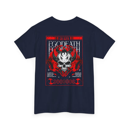 A Navy t-shirt with a gothic skull design, red ghostly aura, and "Ego Death" text for spiritual rebirth.