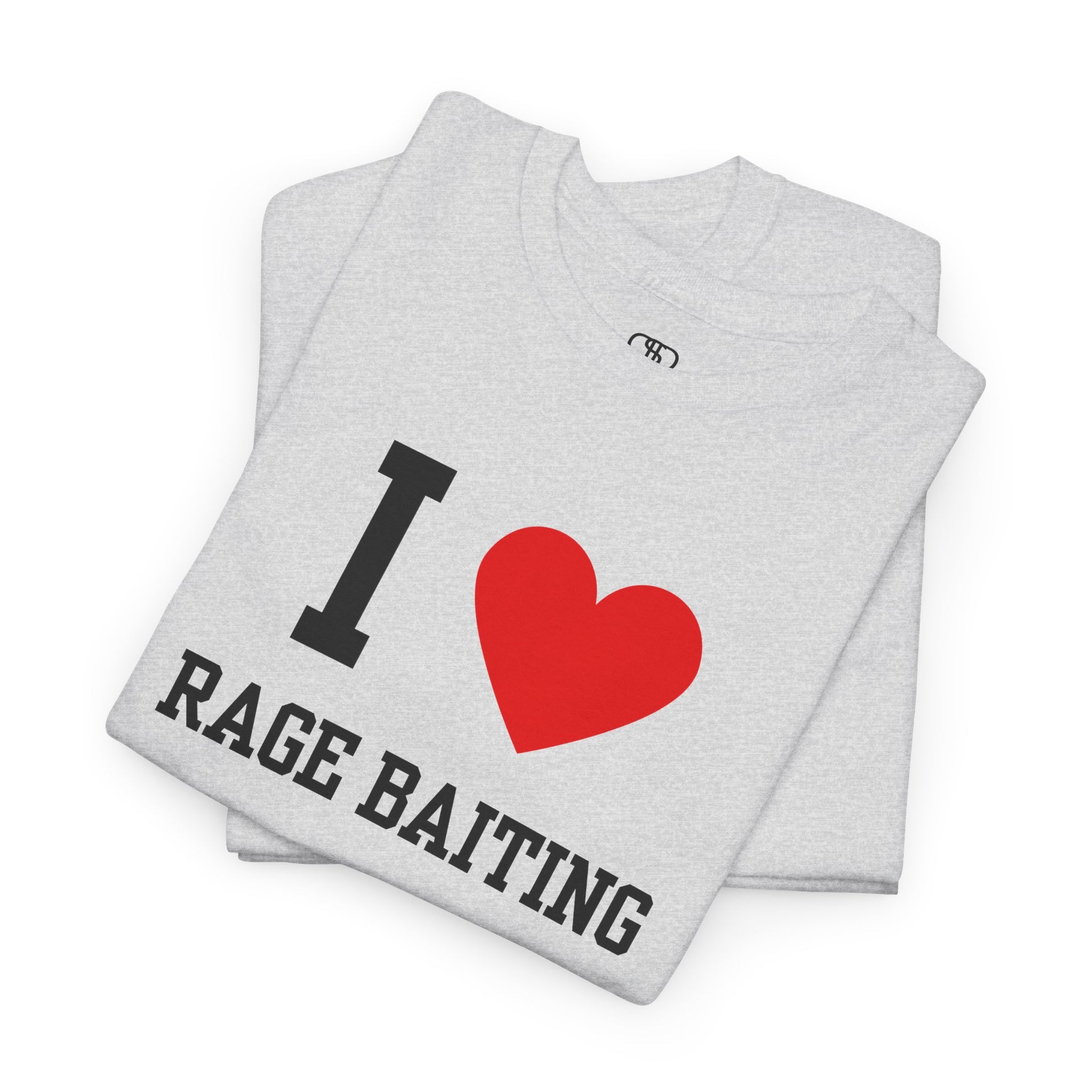 A  folded ash gray t-shirt featuring the classic "I Love" graphic style with the text "I," a red heart, and the words "Rage Baiting" below it.