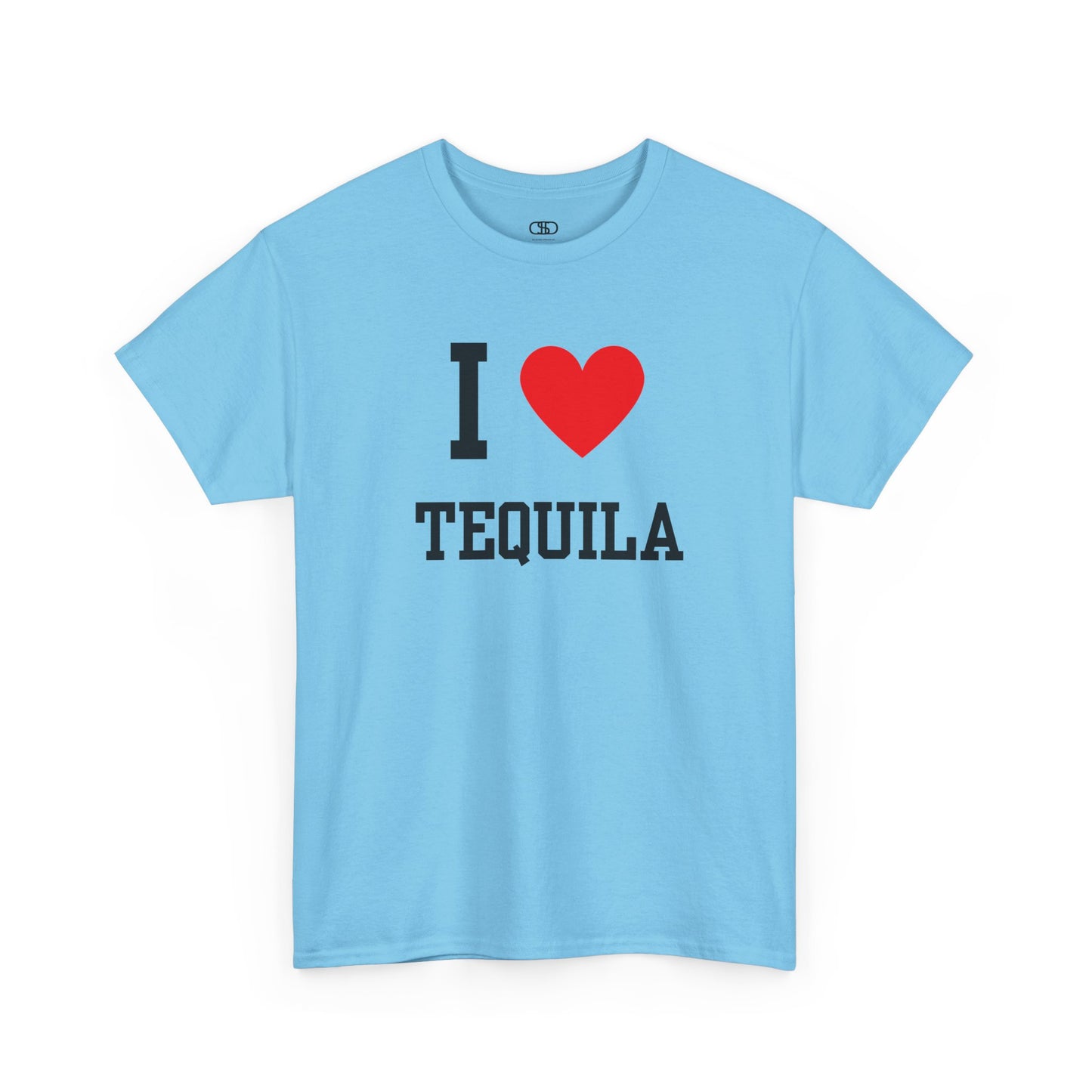 A t-shirt displaying the iconic "I Love" design, with the text "I," followed by a red heart symbol, and the word "Tequila" printed underneath.