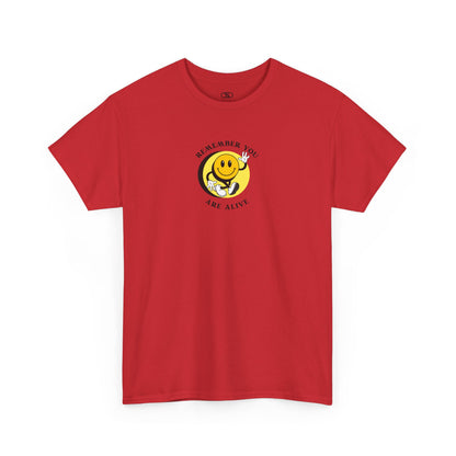 Red Front of a t-shirt showing a smiling waving emoji with curved text "Remember You Are Alive." The back shows a vibrant, smiling sunflower with the words "Make the Best Out of Everyday."