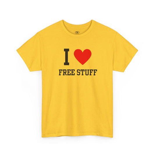 A funny daisy t-shirt with the iconic "I Love" design, featuring the text "I," a red heart, and the phrase "Free Stuff" below.
