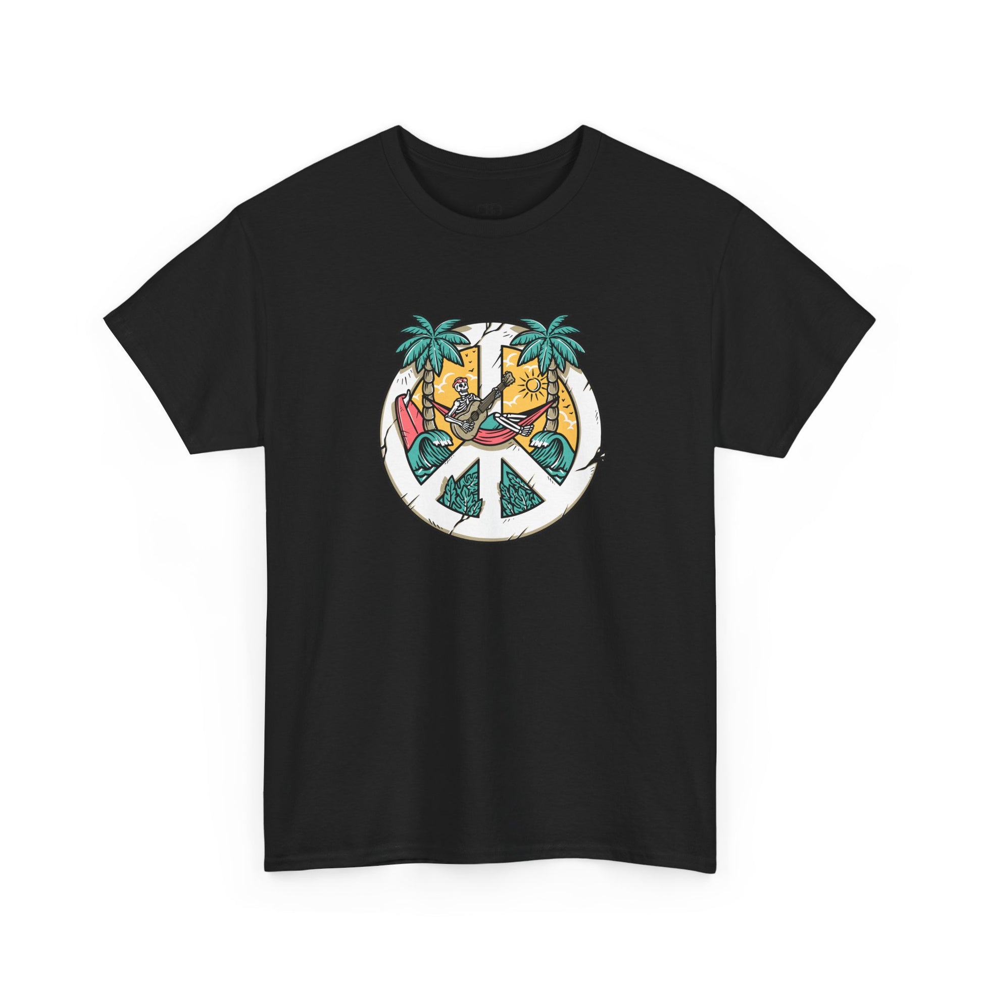  T-shirt showing a skeleton with a peace sign head, lying in a hammock playing a guitar between two palm trees with waves in the background.