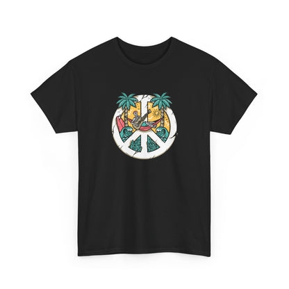  T-shirt showing a skeleton with a peace sign head, lying in a hammock playing a guitar between two palm trees with waves in the background.
