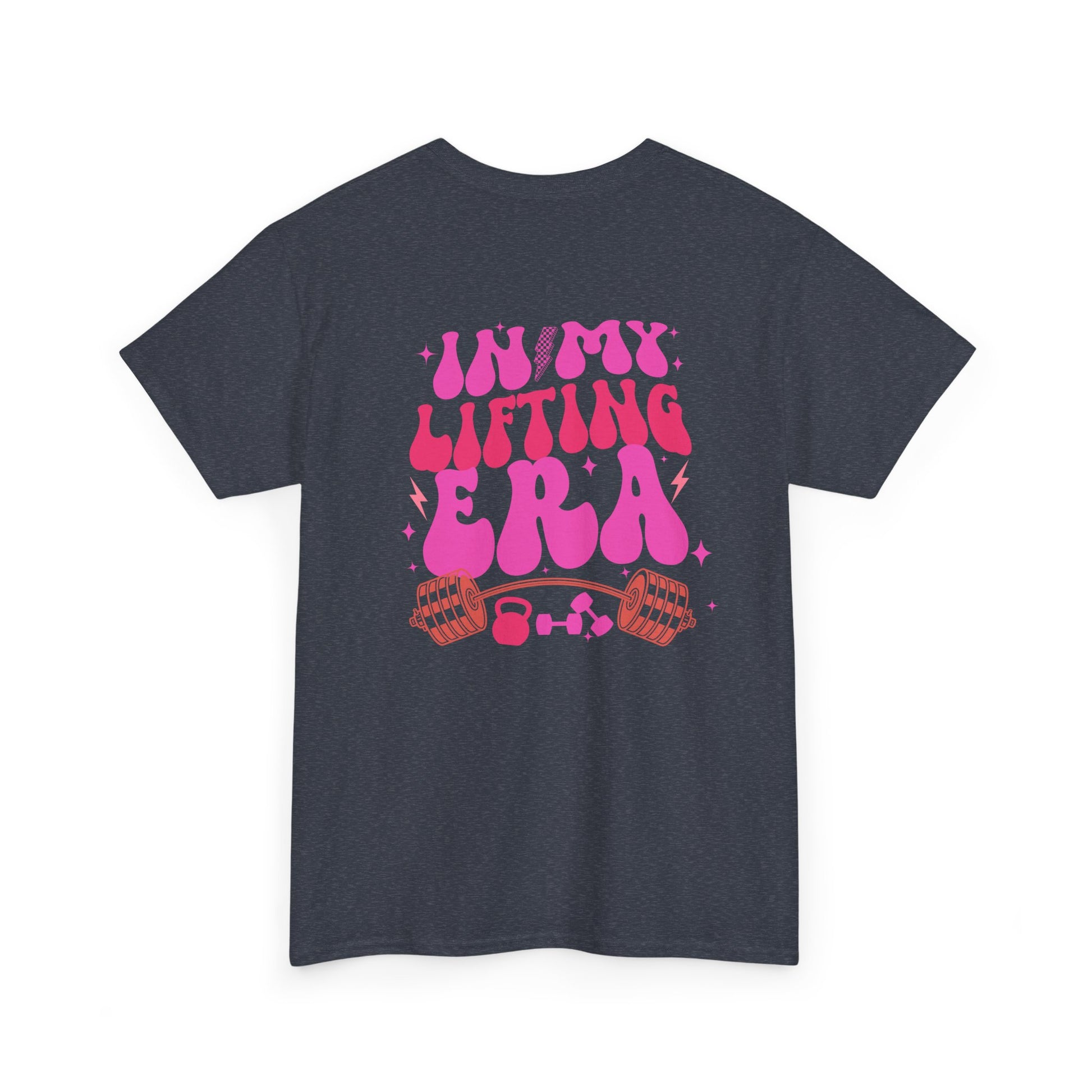 A folded dark heather t-shirt with a retro smiley face on the front and the phrase “In my lifting Era” in a creative retro design on the back.