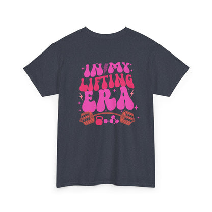 A folded dark heather t-shirt with a retro smiley face on the front and the phrase “In my lifting Era” in a creative retro design on the back.