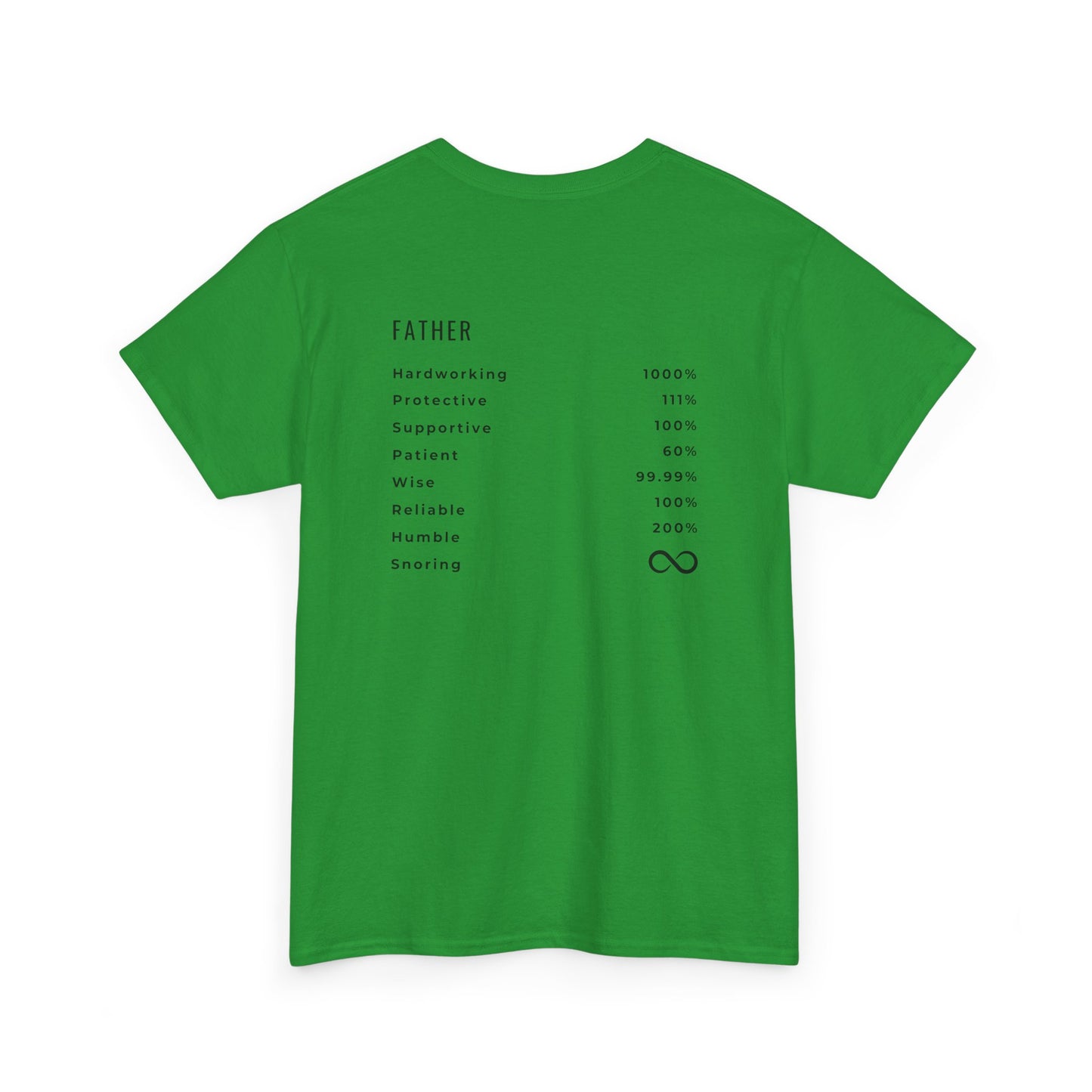 The back of an irish green  t-shirt which features the traits of a father, Hardworking, Protective, Supportive, Patient, Wise, Reliable, Humble and Snoring. 