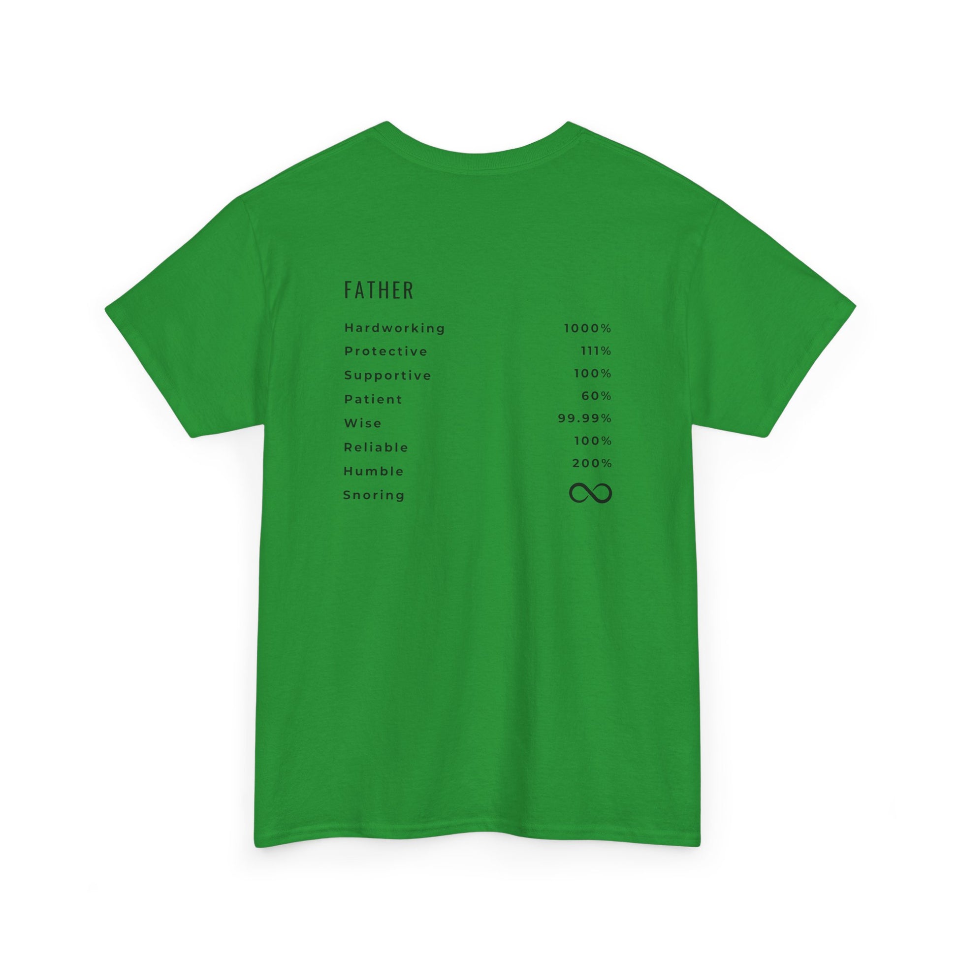 The back of an irish green  t-shirt which features the traits of a father, Hardworking, Protective, Supportive, Patient, Wise, Reliable, Humble and Snoring. 