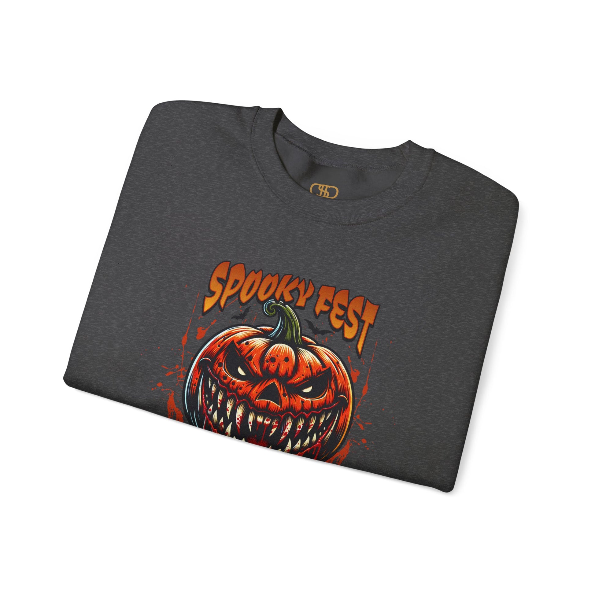 A folded heather gray sweater featuring a Scary fanged jack-o'-lantern with "Spooky Fest Halloween Your Soul Now Belongs To Me!" text, orange and black horror sweatshirt.