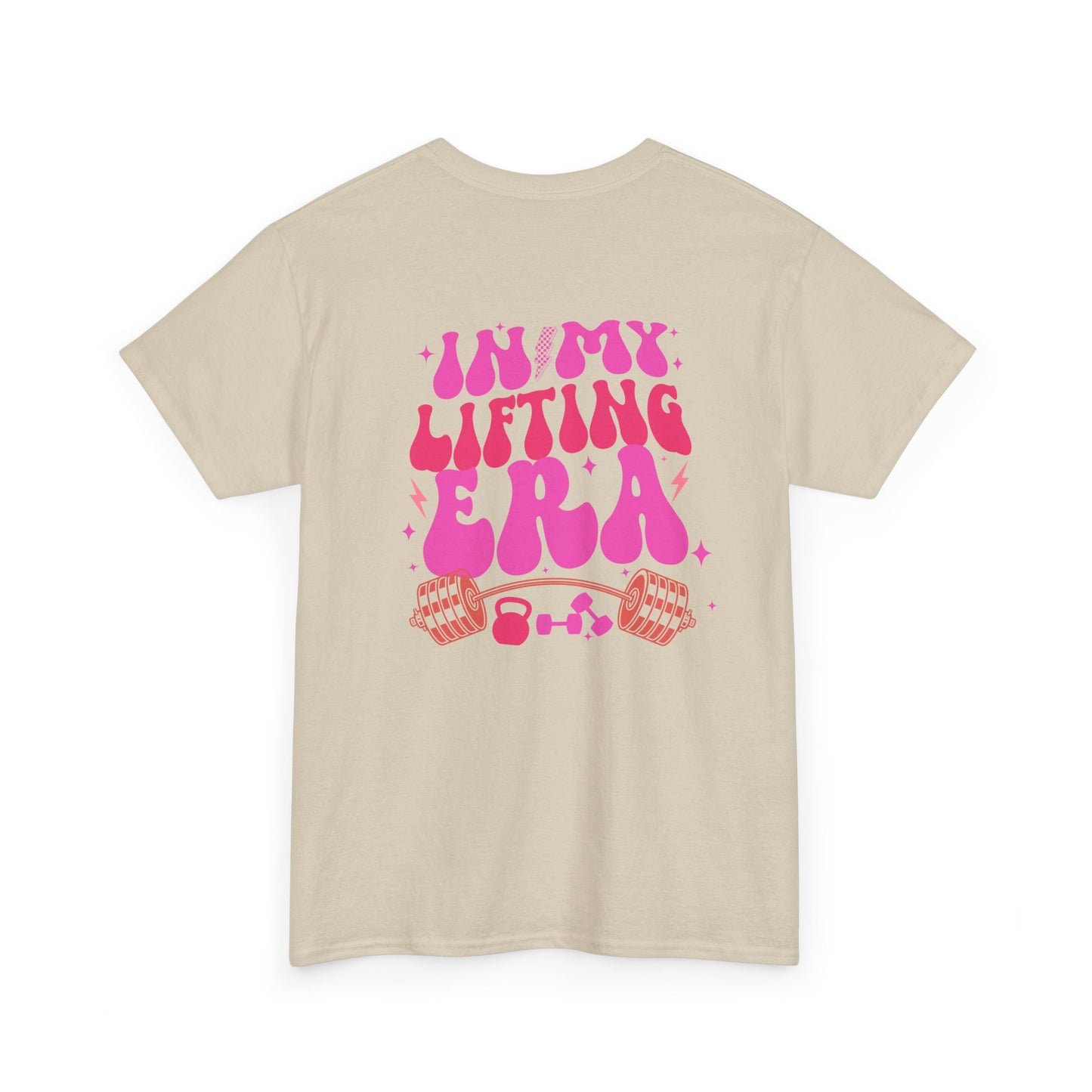 A sand t-shirt with a retro smiley face on the front and the phrase “In my lifting Era” in a creative retro design on the back.